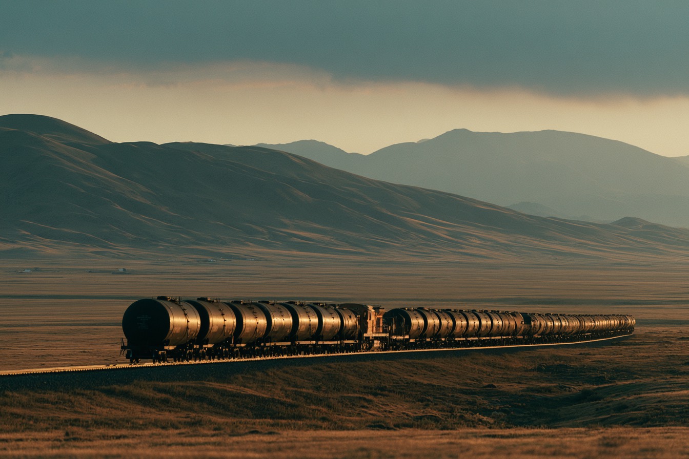 A tank-car train crossing the Central Asian steppe