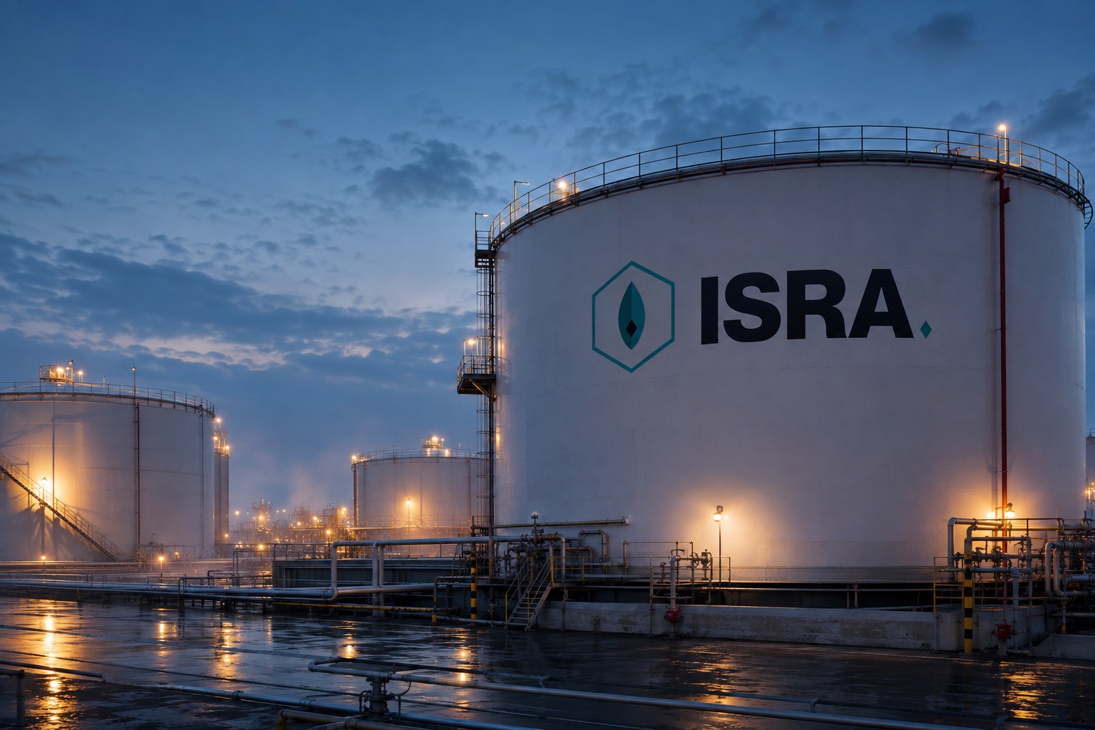 ISRA-branded storage terminal at blue hour