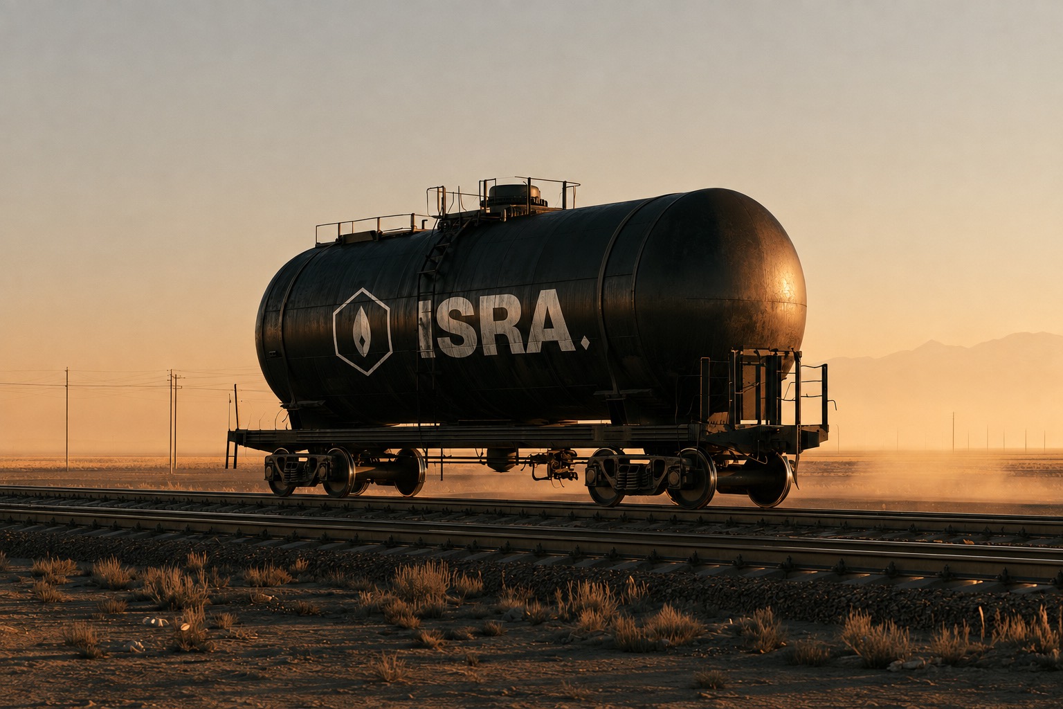 ISRA rail tank car crossing the Central Asian steppe at dusk